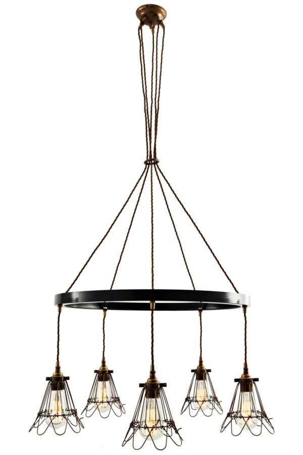 Praia Industrial Cage 5 Light Ring Chandelier Industrial Pendant Lights Fisherman's Lights UK